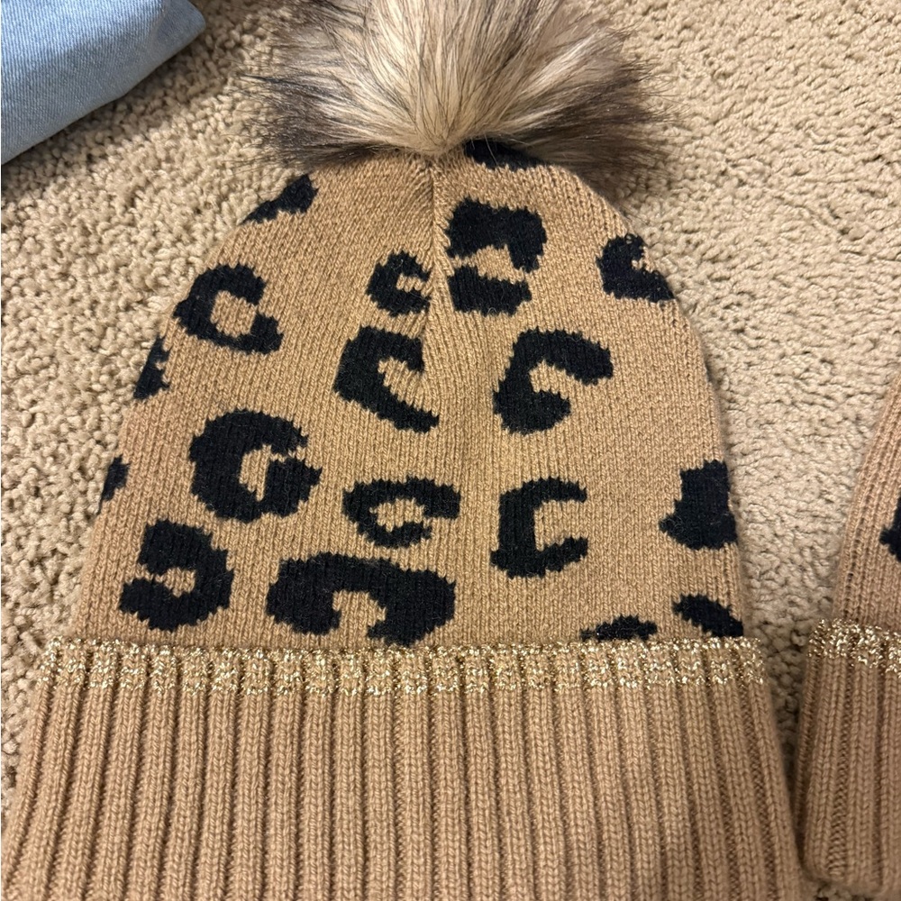 Crewcuts Tan and Black Leopard Kids Hat with Pom Pom